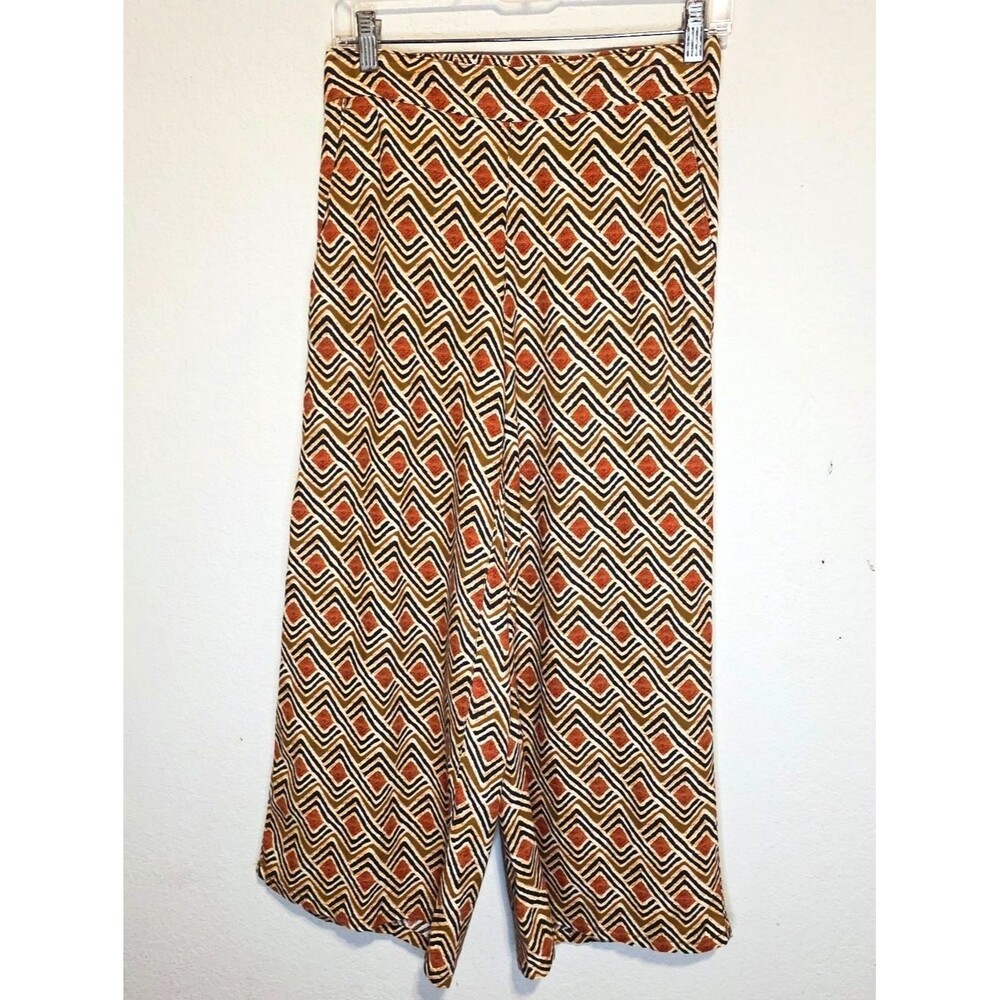Tahari Luxe 100% Linen Wide Leg Pants Chevron Geometric Boho Gypsy Hippie
